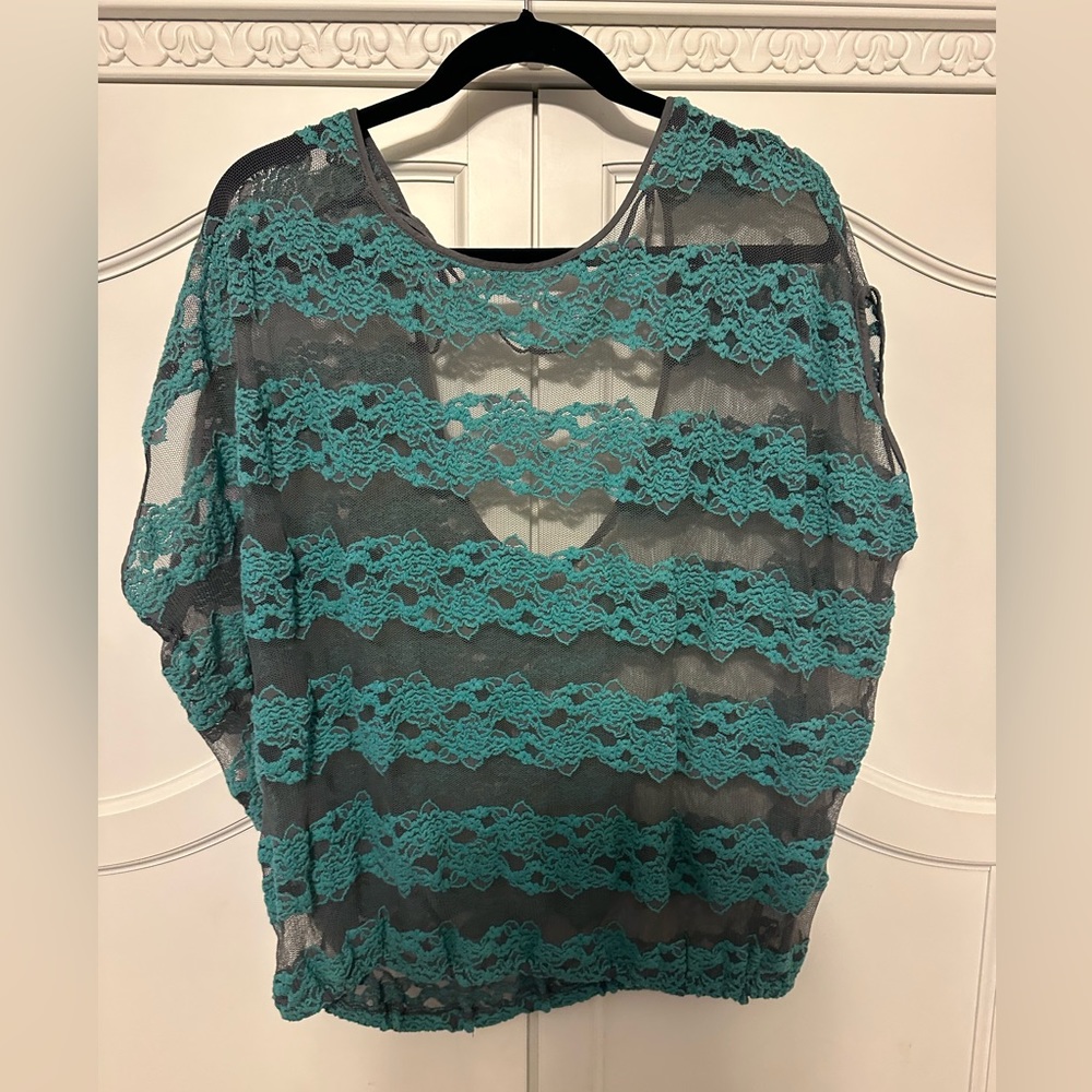 Free People Aqua and Gray Lace Top